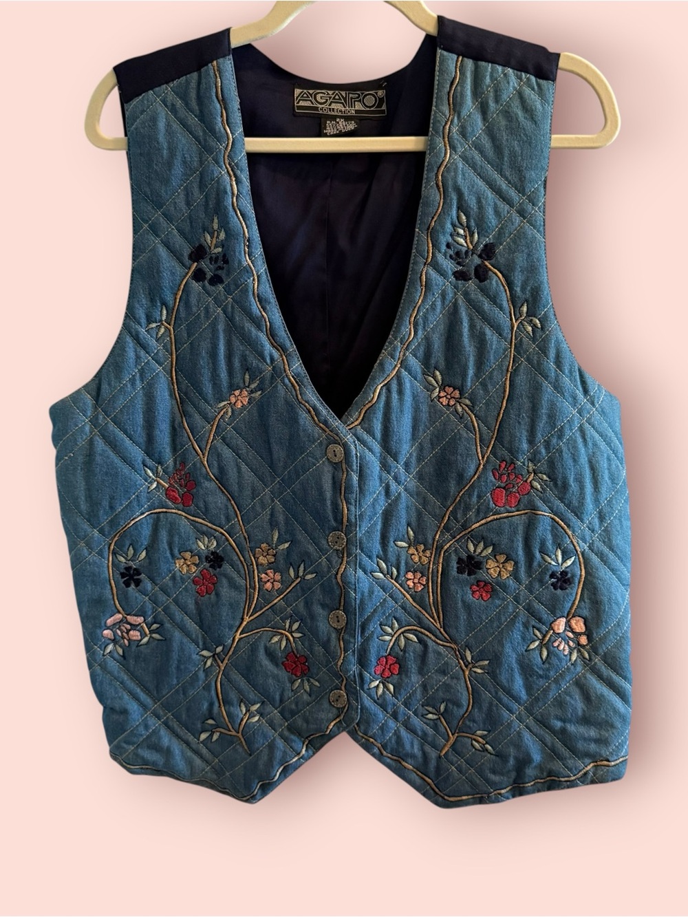 Vintage Agapo Quilted Embroidered Floral Vest 2X Blue Cottagecore Boho
